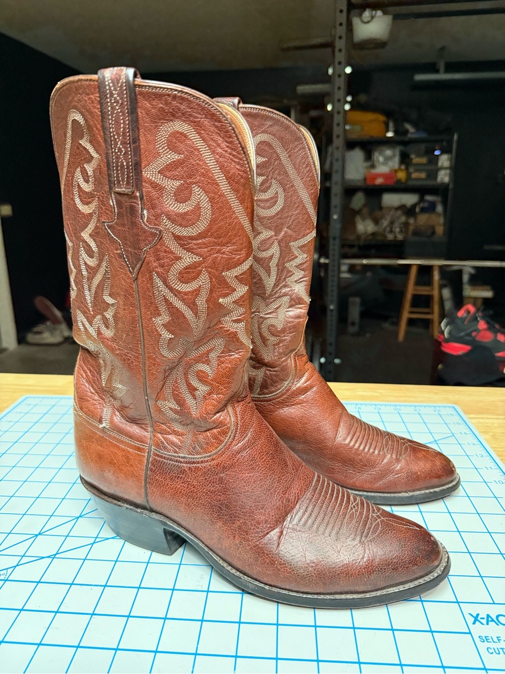 Vtg Lucchese Oiled Goat Boots Men’s 10D Brown Leather Fancy Toe Western Cowboy